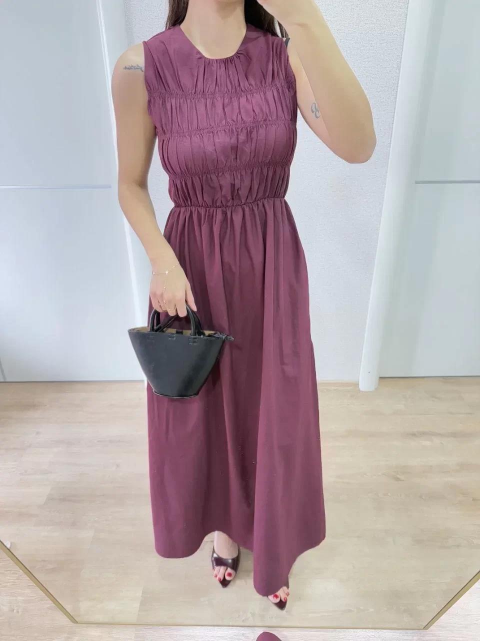 Kolsuz Göğüs Lastıklı %100 Poplin Uzun Elbise - Bordo