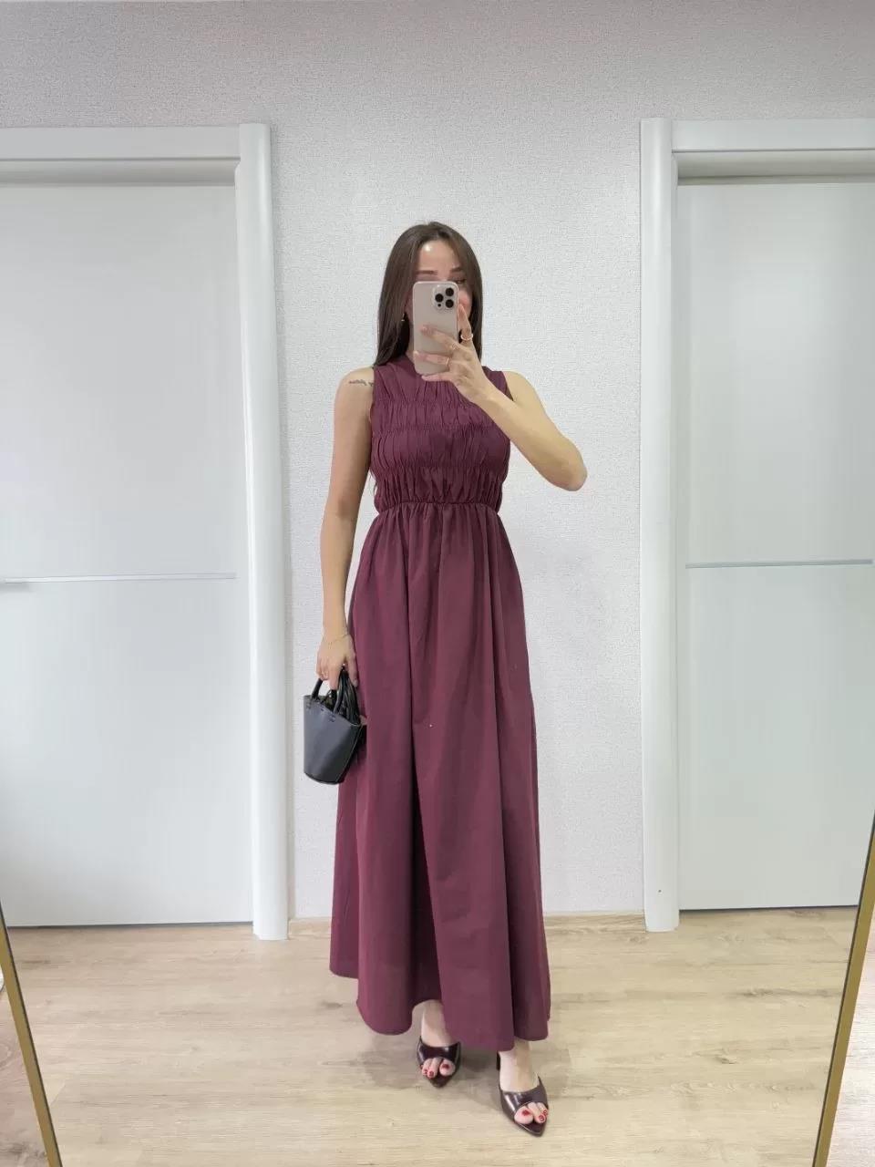 Kolsuz Göğüs Lastıklı %100 Poplin Uzun Elbise - Bordo