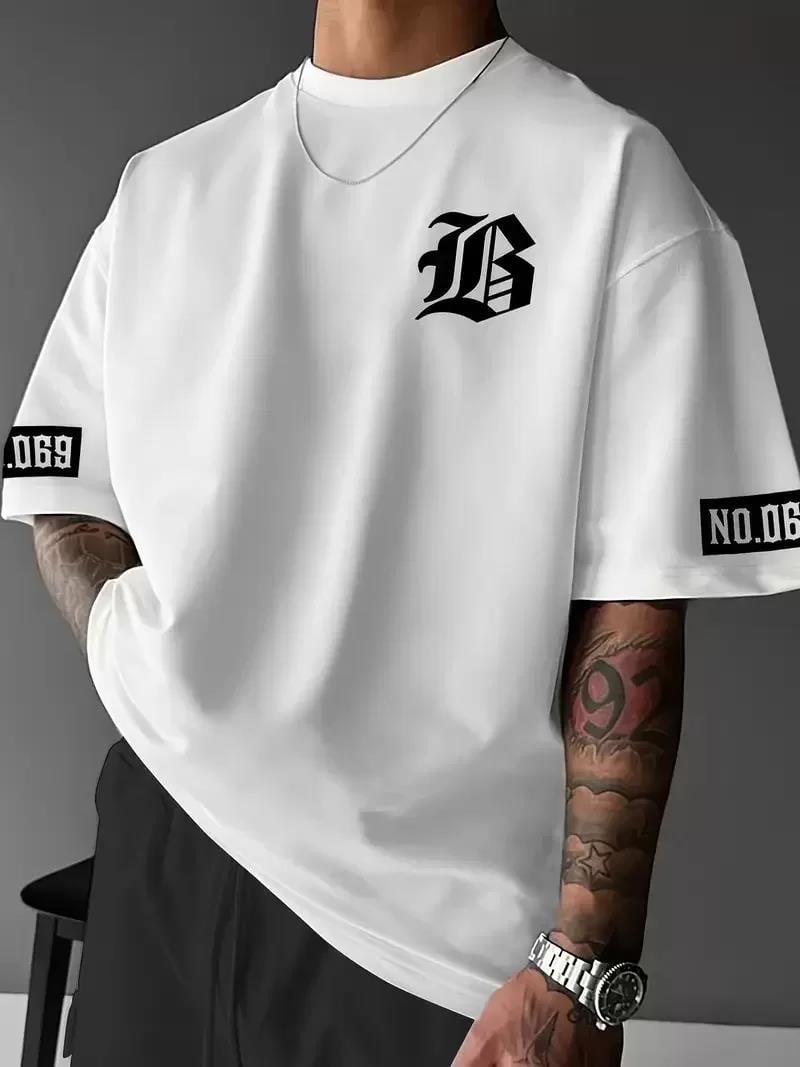 LB Baskılı Ön Arka Oversize Bisiklet Yaka Kısa Kol T-shirt - Beyaz