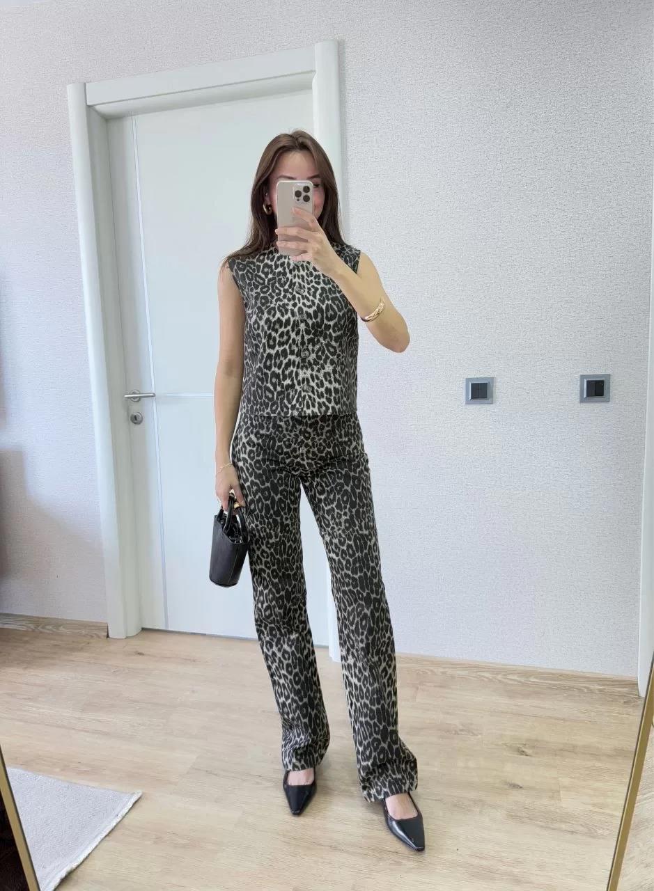 leopar desenli Düğmeli Bluzlu Pantolon İkili Takım -Leopar