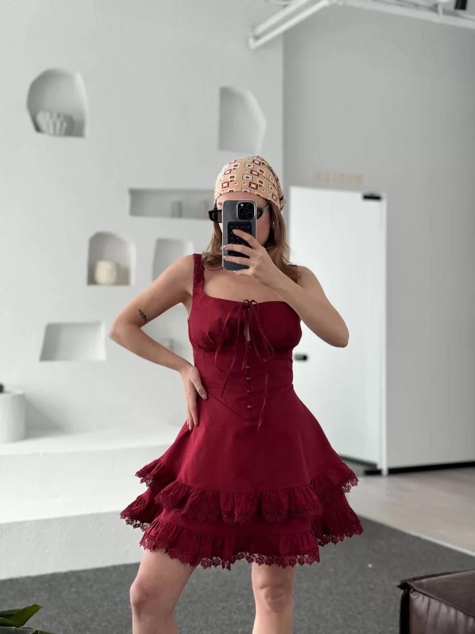 Mini Askılı Elbise - Bordo