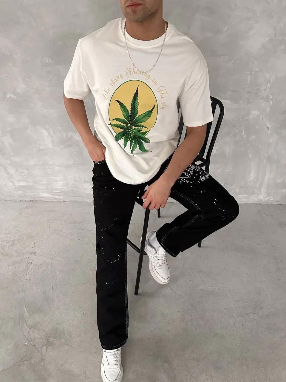 Ön ve Arka Baskılı Oversize Bisiklet Yaka T-shirt- Beyaz