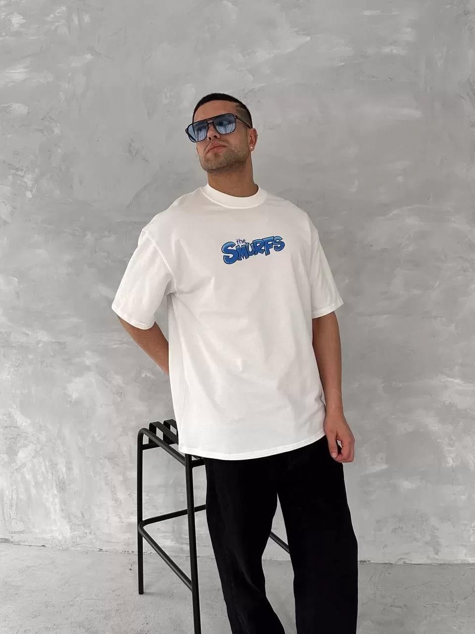 Ön ve Arka Baskılı Oversize Bisiklet Yaka T-shirt- Beyaz