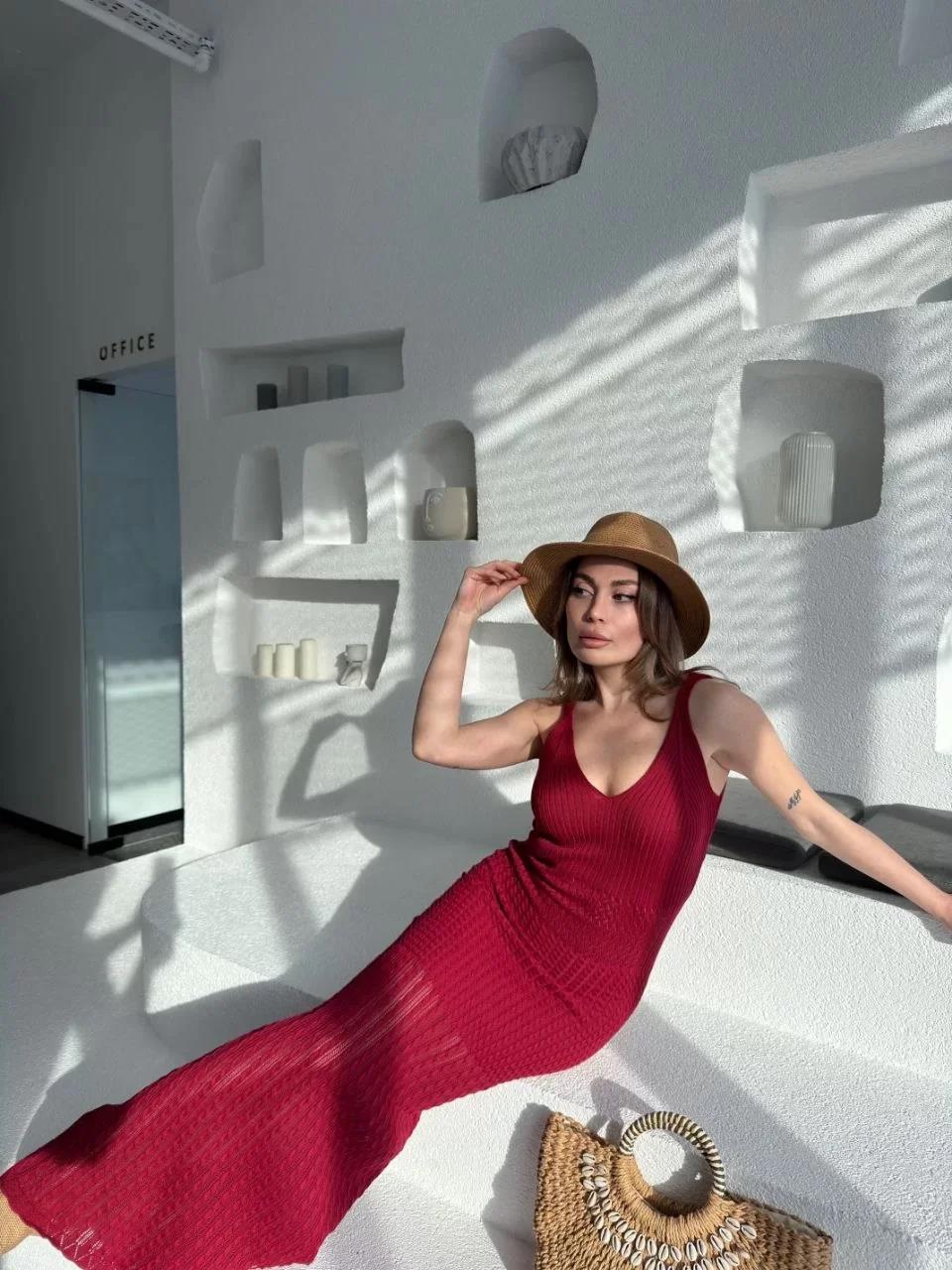Örgülü Uzun Triko Elbise - Bordo