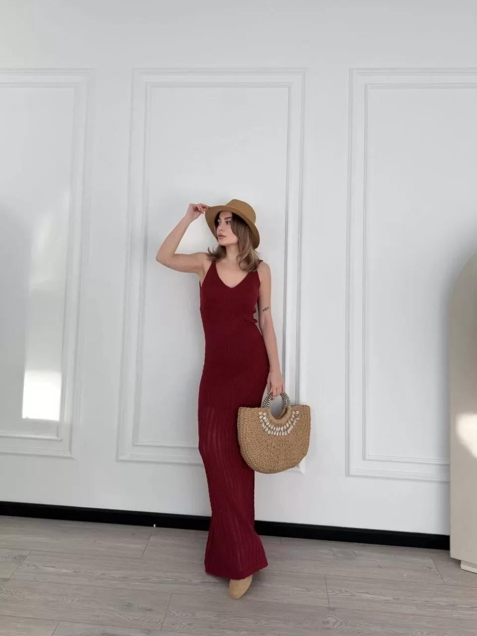 Örgülü Uzun Triko Elbise - Bordo