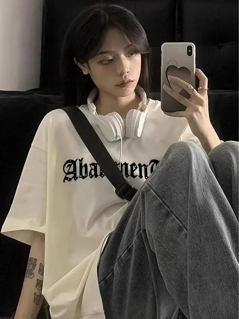 Örümcek Ağı Desenli Baskılı Oversize Bisiklet Yaka T-shirt  - Beyaz