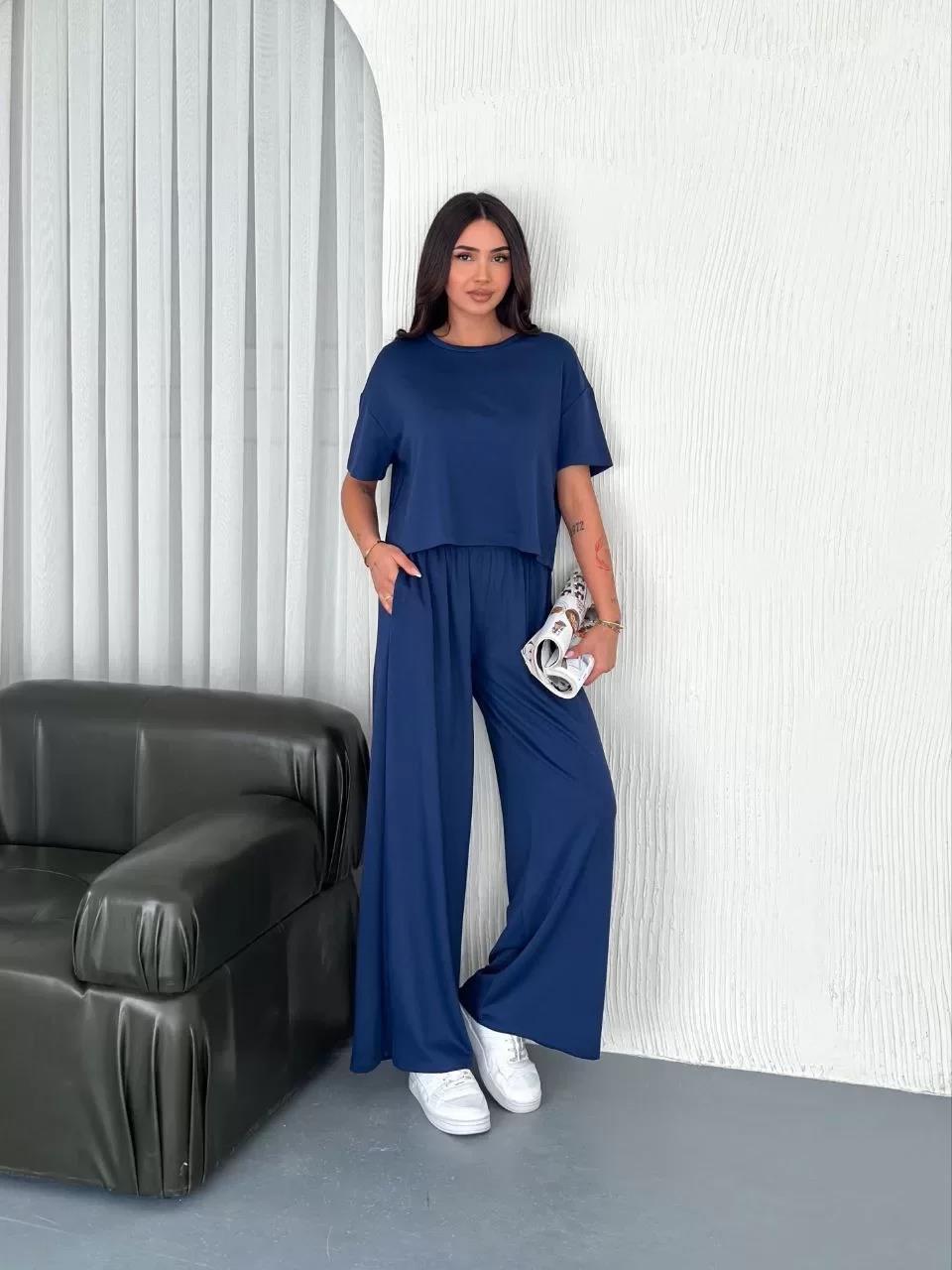 Osy Modal Yumuşak Dokulu Kumaş Bisiklet Yaka T-shirt Bol paça Pantalon ikili Takım -Saks Mavi