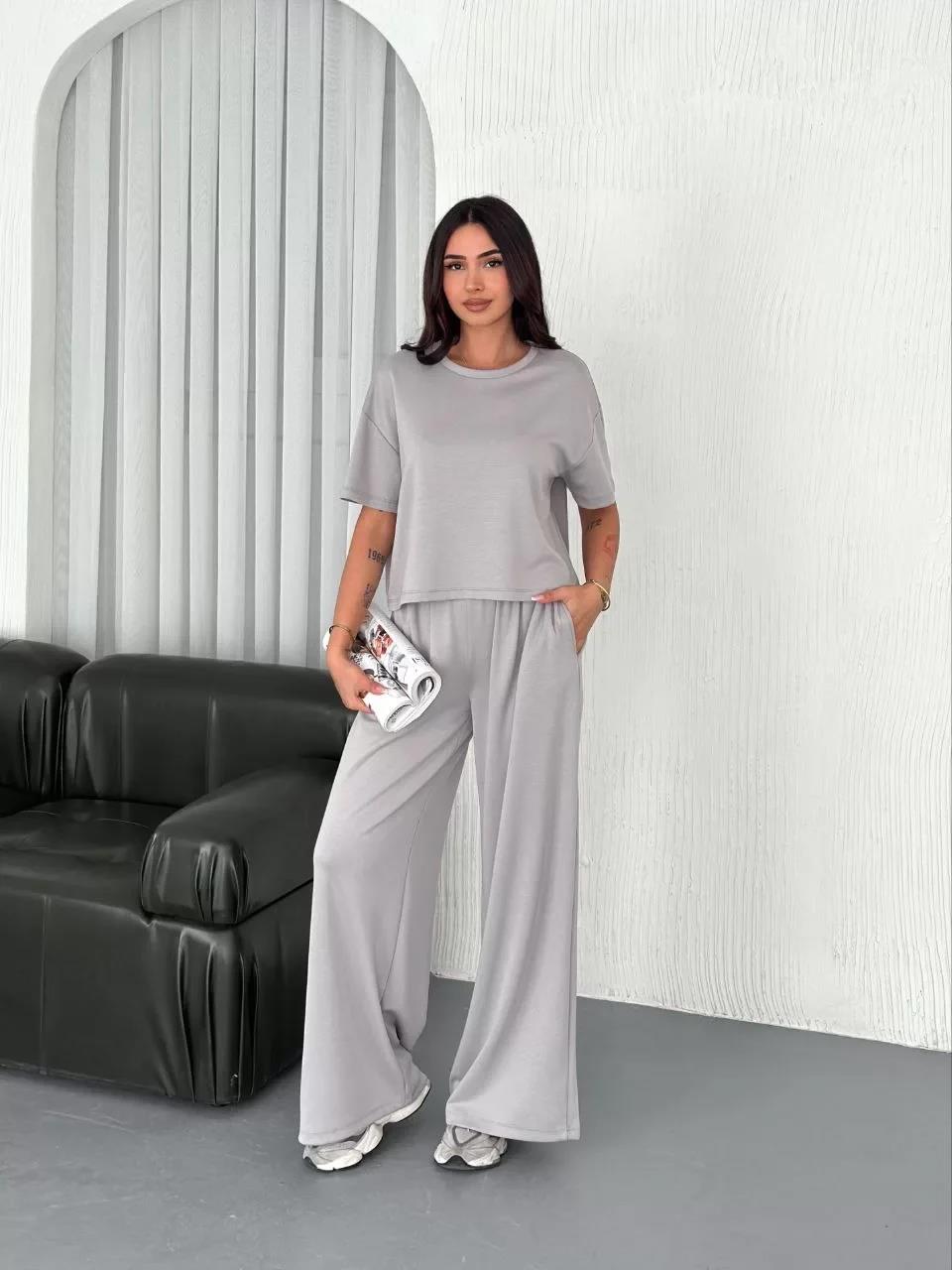 Osy Modal Yumuşak Dokulu Kumaş Bisiklet Yaka T-shirt Bol paça Pantalon ikili Takım - Boyalı Gri
