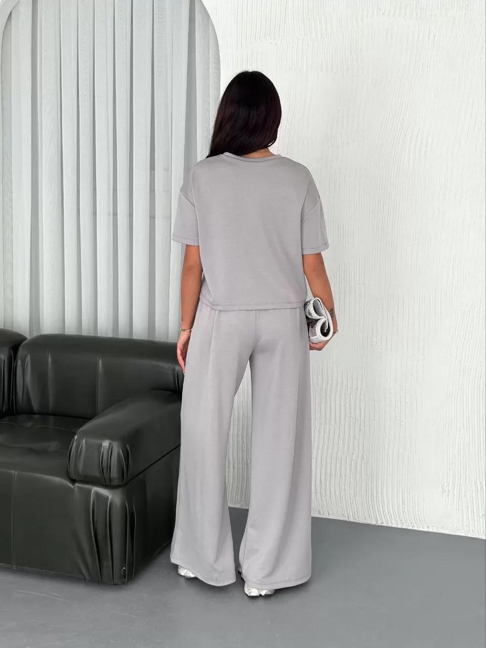 Osy Modal Yumuşak Dokulu Kumaş Bisiklet Yaka T-shirt Bol paça Pantalon ikili Takım - Boyalı Gri