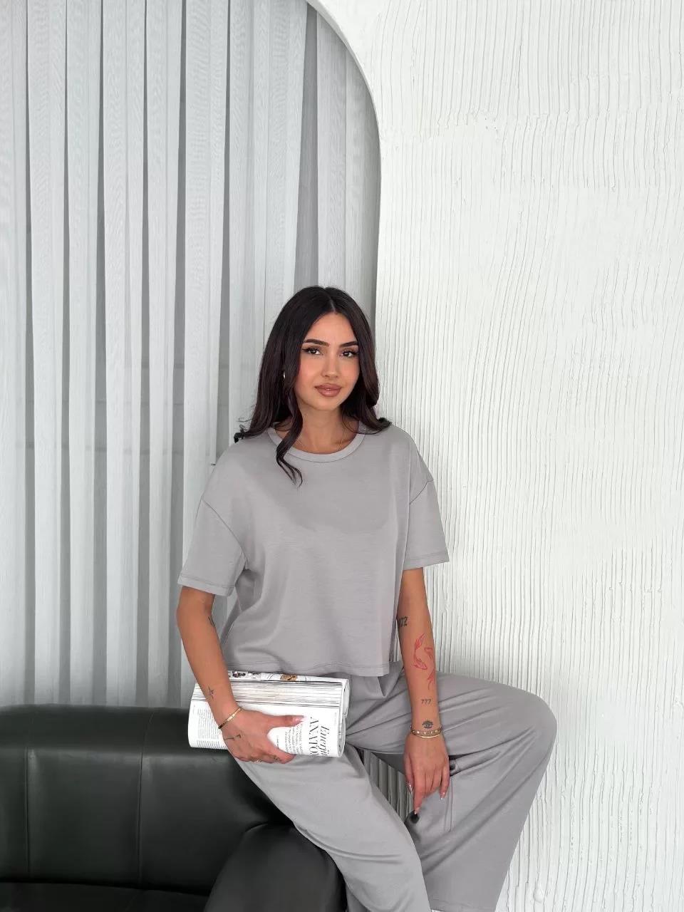 Osy Modal Yumuşak Dokulu Kumaş Bisiklet Yaka T-shirt Bol paça Pantalon ikili Takım - Boyalı Gri