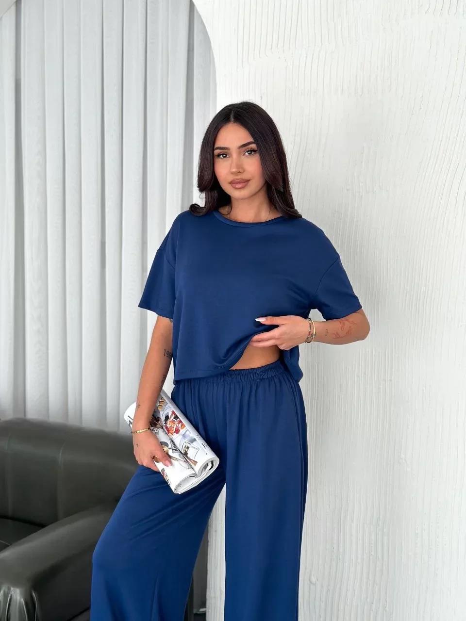 Osy Modal Yumuşak Dokulu Kumaş Bisiklet Yaka T-shirt Bol paça Pantalon ikili Takım -Saks Mavi