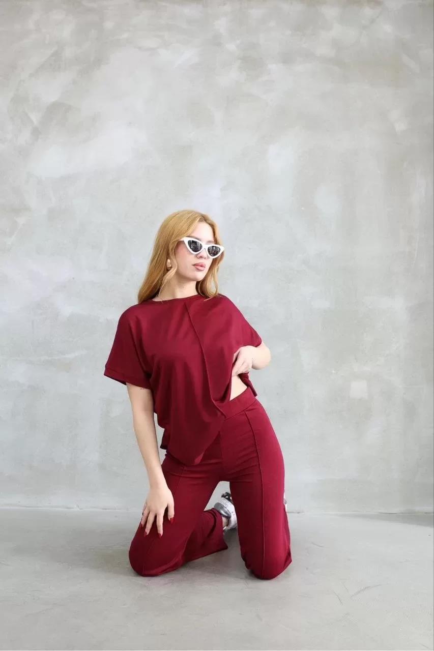 Osy Modal Yumuşak dokulu Kumaş Bisiklet Yaka Kısa Kollu Takım - Bordo