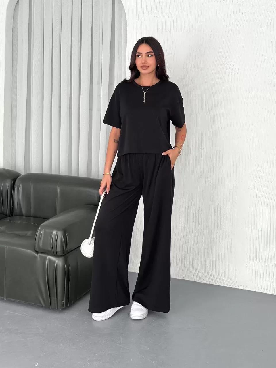 Osy Modal Yumuşak Dokulu Kumaş Bisiklet Yaka T-shirt Bol paça Pantalon ikili Takım -Siyah