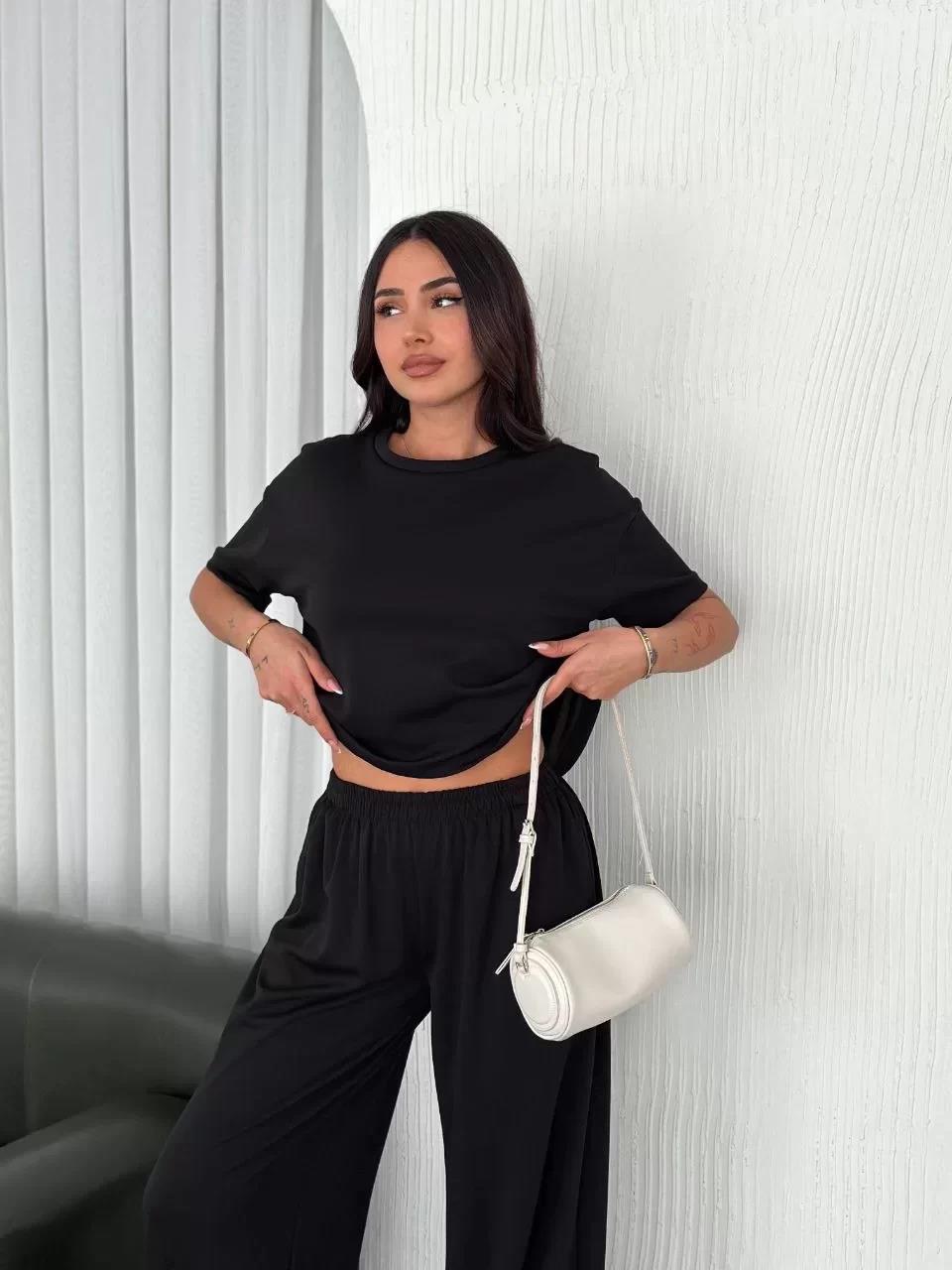Osy Modal Yumuşak Dokulu Kumaş Bisiklet Yaka T-shirt Bol paça Pantalon ikili Takım -Siyah