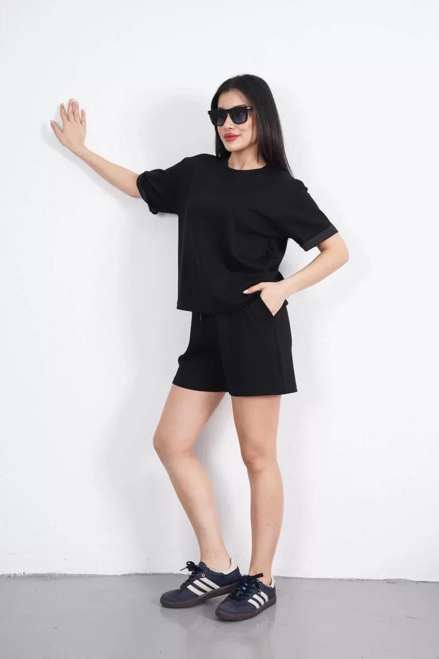 Osy Modal yumuşak dokulu Kumaş Kadın Bisiklet Yaka T-shirt Kısa Şort İkili Takım - Siyah