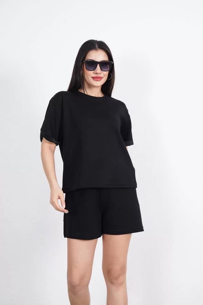 Osy Modal yumuşak dokulu Kumaş Kadın Bisiklet Yaka T-shirt Kısa Şort İkili Takım - Siyah