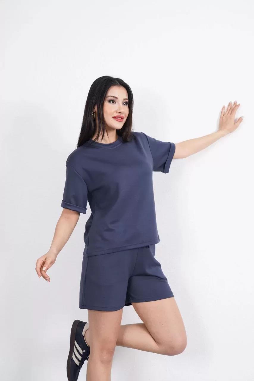Osy Modal yumuşak dokulu Kumaş Kadın Bisiklet Yaka T-shirt Kısa Şort İkili Takım - Antrasit