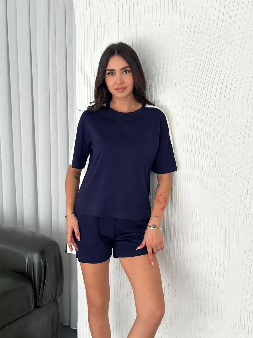 Osy Modal yumuşak dokulu Kumaş Kadın Parçalı Bisiklet Yaka T-shirt Kısa Şort İkili Takım - Mavi