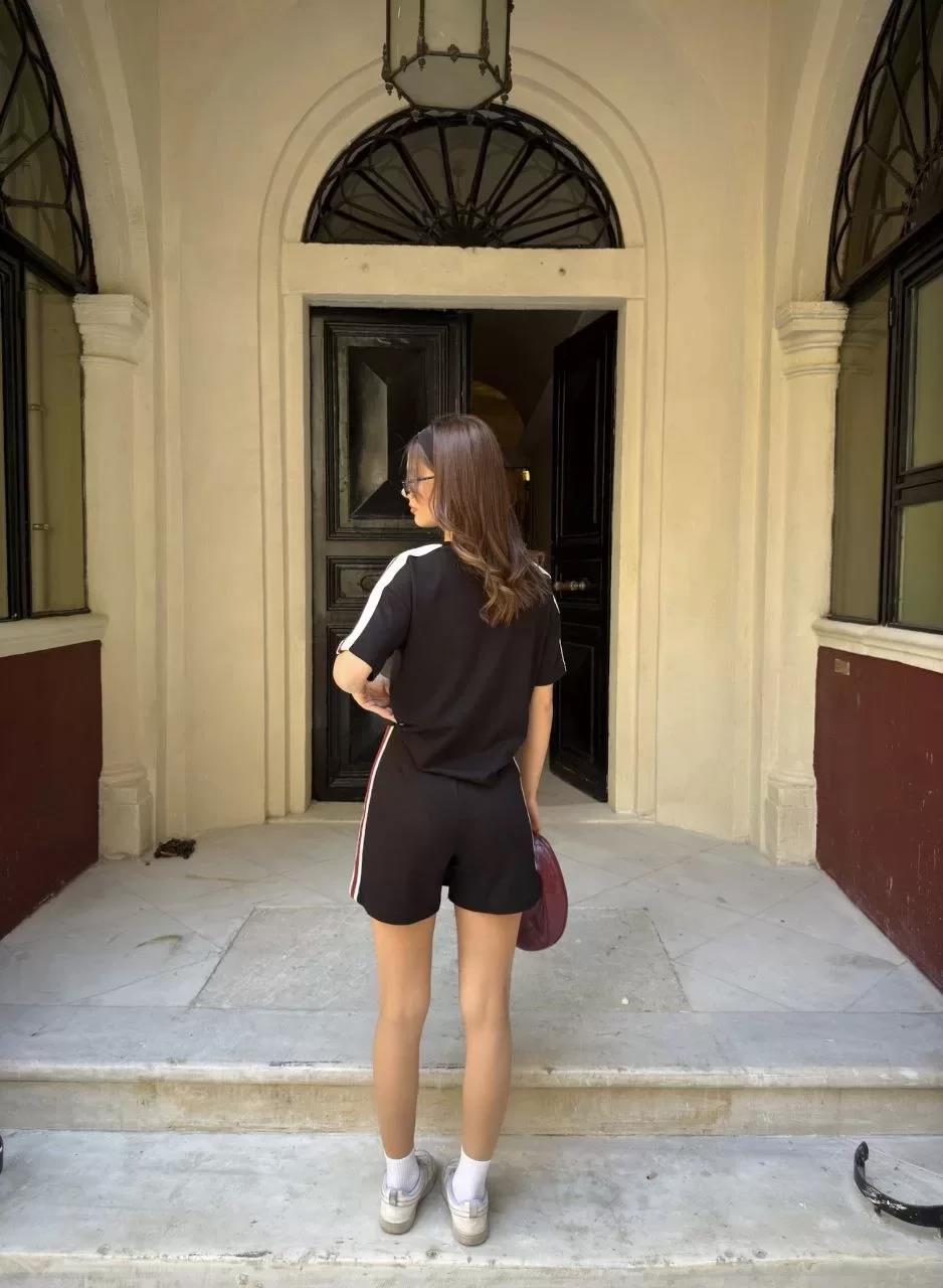Osy Modal yumuşak dokulu Kumaş Kadın Parçalı Bisiklet Yaka T-shirt Mini Şortlu Etek İkili Takım - Siyah