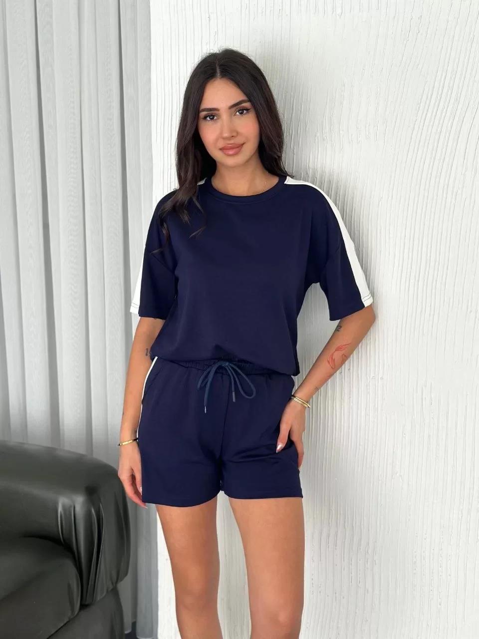 Osy Modal yumuşak dokulu Kumaş Kadın Parçalı Bisiklet Yaka T-shirt Kısa Şort İkili Takım - Mavi