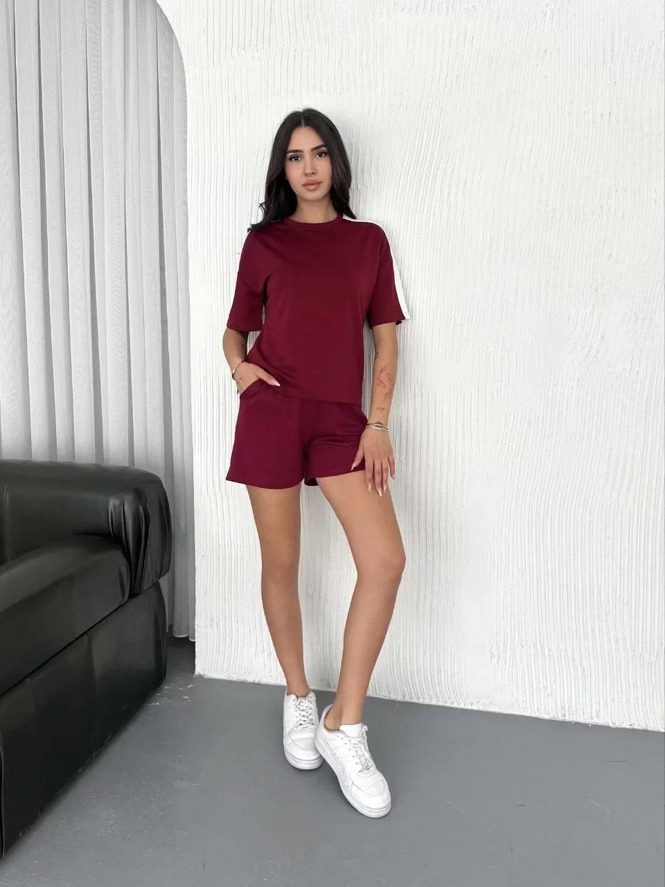 Osy Modal yumuşak dokulu Kumaş Kadın Parçalı Bisiklet Yaka T-shirt Kısa Şort İkili Takım - Bordo