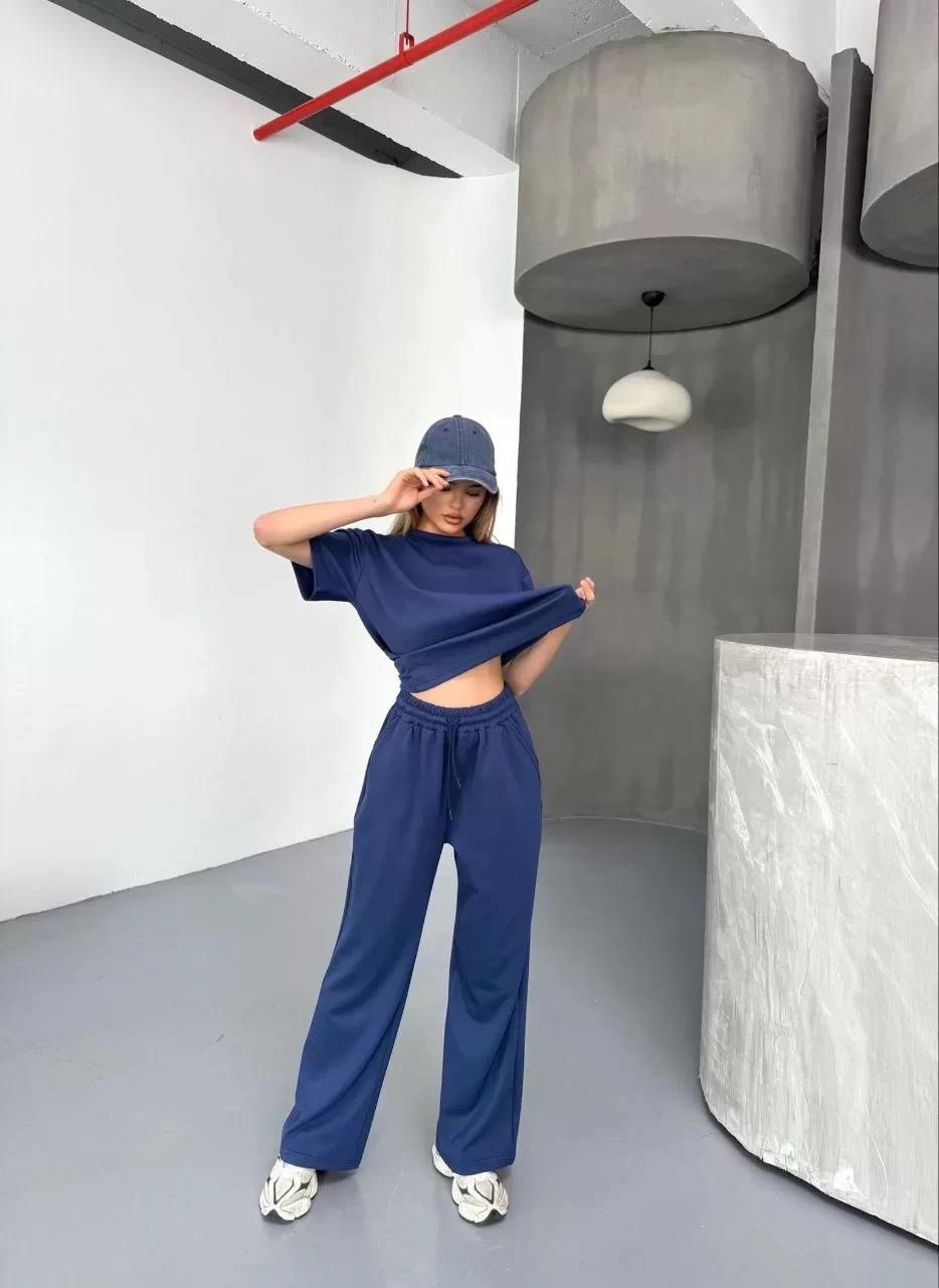 Osy Modal Yumuşak Dokulu Kumaş Kısa Kollu Bluz Rahat Pantalon ikili Takım- Lacivert