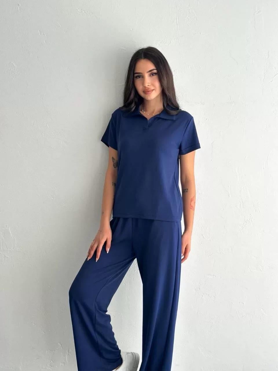 Osy Modal Yumuşak Dokulu Kumaş Kısa Kollu Yakalı T-shirt Pantalon ikili Takım- Lacivert