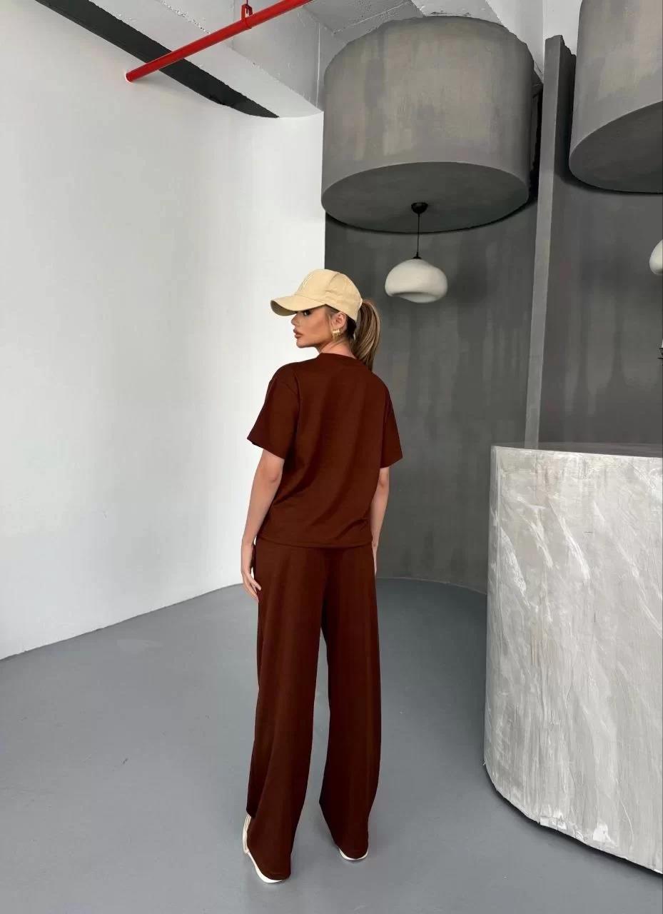 Osy Modal Yumuşak Dokulu Kumaş Kısa Kollu Bluz Rahat Pantalon ikili Takım- Kahverengi
