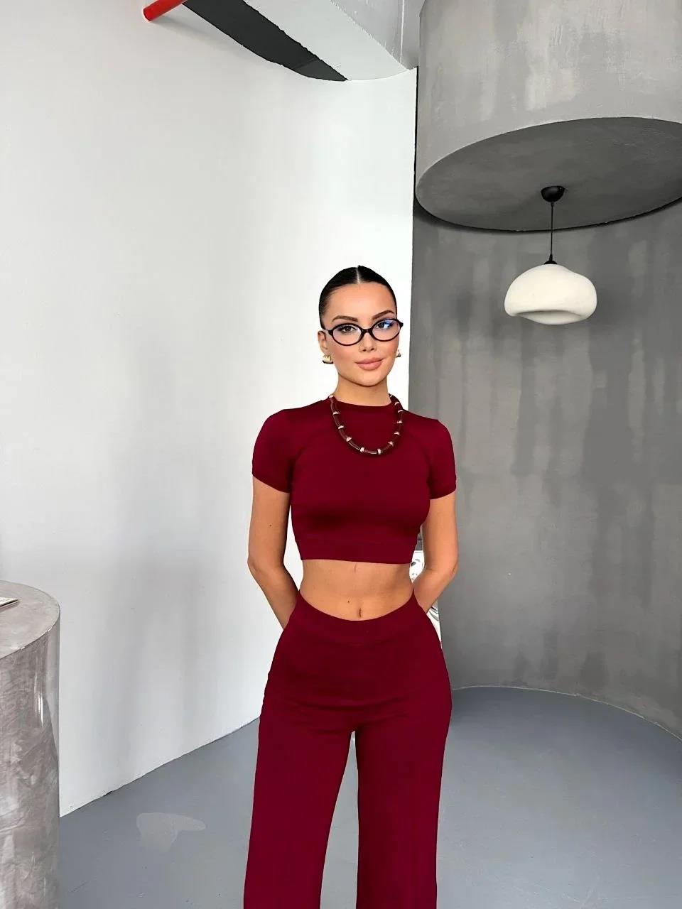 Osy Modal Yumuşak Dokulu Kumaş Kısa Kollu Crop Alt ispanyol Paça Pantalon ikili Takım - Bordo