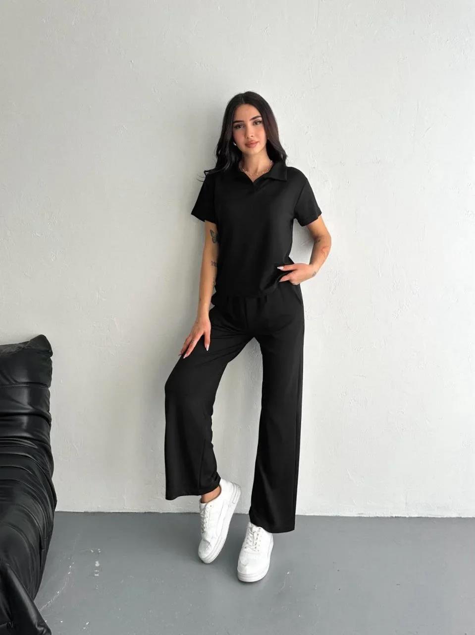 Osy Modal Yumuşak Dokulu Kumaş Kısa Kollu Yakalı T-shirt Pantalon ikili Takım- Siyah