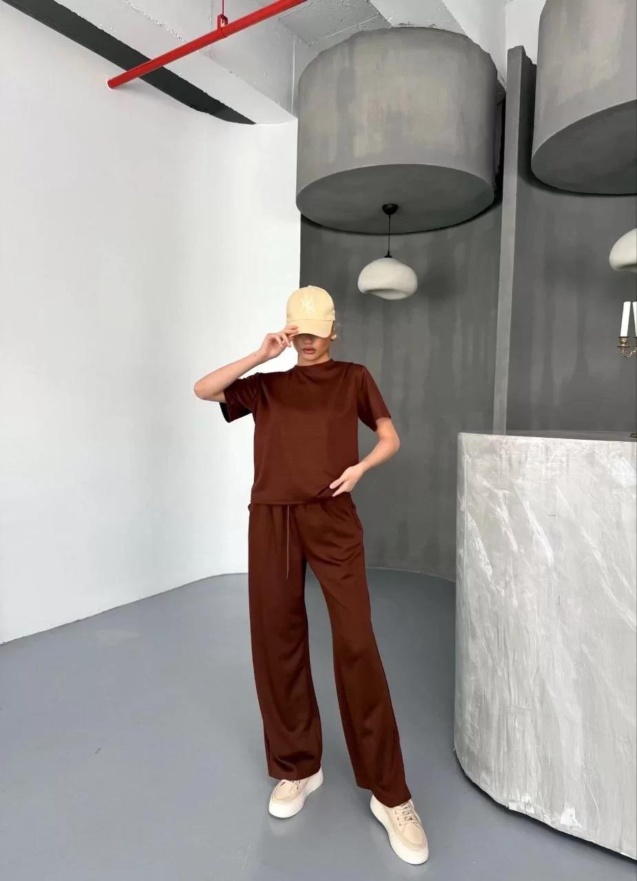 Osy Modal Yumuşak Dokulu Kumaş Kısa Kollu Bluz Rahat Pantalon ikili Takım- Kahverengi