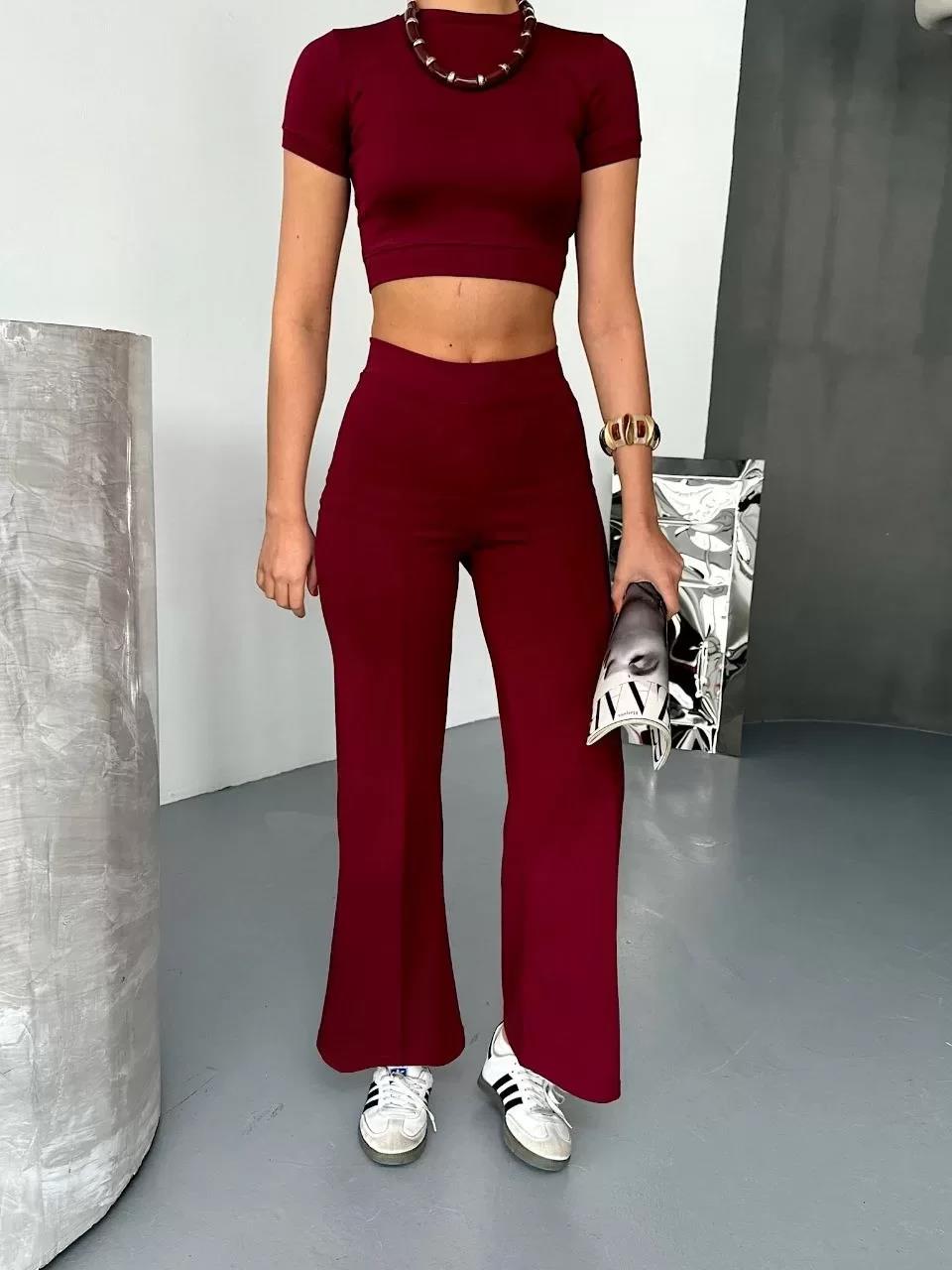 Osy Modal Yumuşak Dokulu Kumaş Kısa Kollu Crop Alt ispanyol Paça Pantalon ikili Takım - Bordo