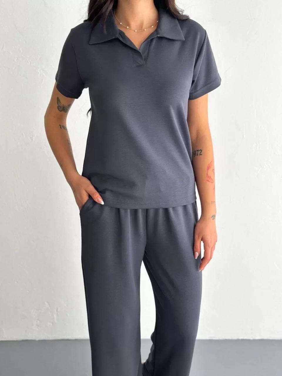 Osy Modal Yumuşak Dokulu Kumaş Kısa Kollu Yakalı T-shirt Pantalon ikili Takım- Antrasit
