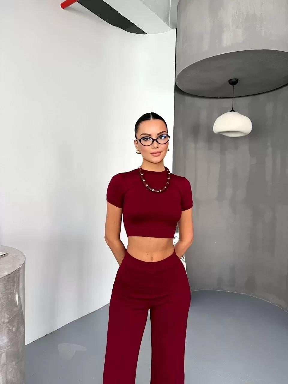 Osy Modal Yumuşak Dokulu Kumaş Kısa Kollu Crop Alt ispanyol Paça Pantalon ikili Takım - Bordo