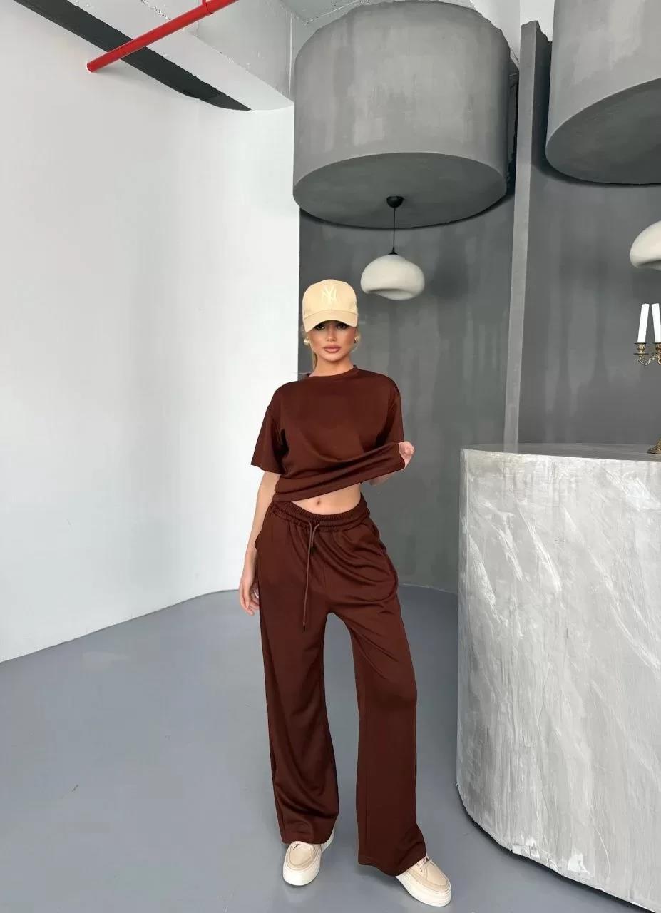 Osy Modal Yumuşak Dokulu Kumaş Kısa Kollu Bluz Rahat Pantalon ikili Takım- Kahverengi