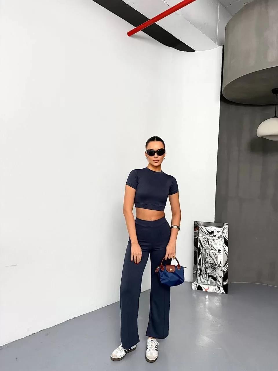 Osy Modal Yumuşak Dokulu Kumaş Kısa Kollu Crop Alt ispanyol Paça Pantalon ikili Takım - Füme