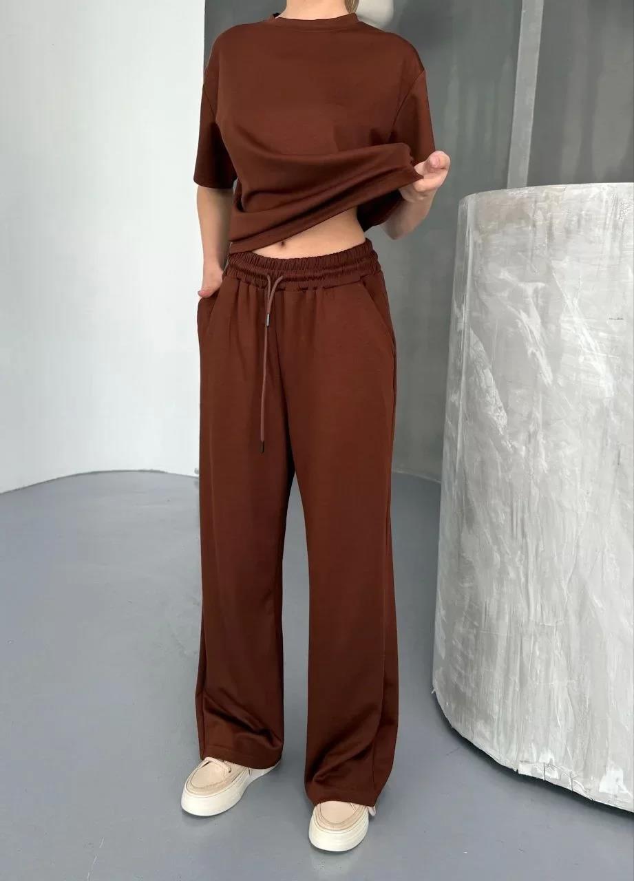 Osy Modal Yumuşak Dokulu Kumaş Kısa Kollu Bluz Rahat Pantalon ikili Takım- Kahverengi