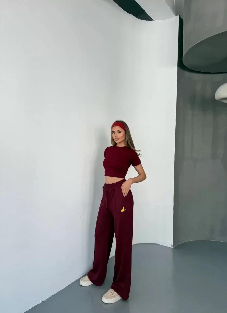 Osy Modal Yumuşak Dokulu Kumaş Nakış işlemeli Rahat Bol Paça Eşofman Pantalon - Bordo