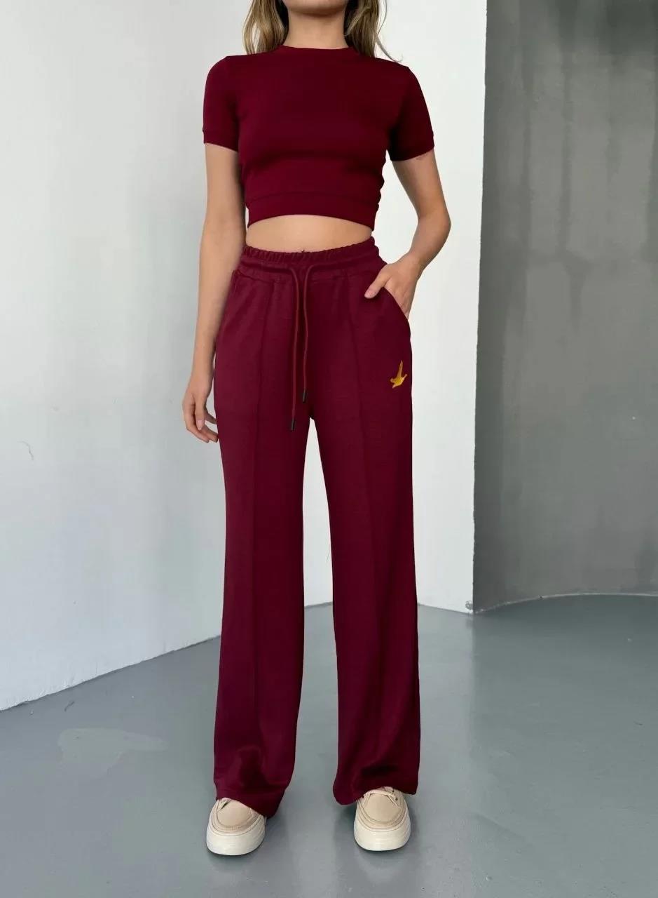 Osy Modal Yumuşak Dokulu Kumaş Nakış işlemeli Rahat Bol Paça Eşofman Pantalon - Bordo