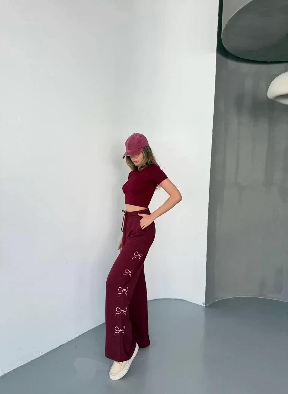 Osy Modal Yumuşak Dokulu Kumaş Nakış işlemeli Rahat Bol Paça Eşofman Pantalon - Bordo