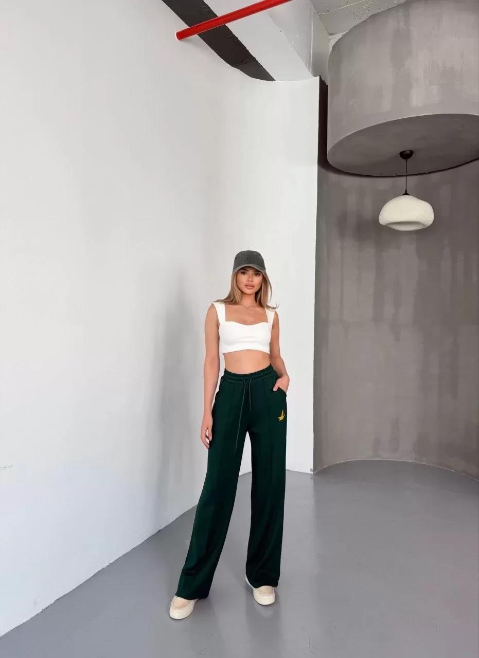 Osy Modal Yumuşak Dokulu Kumaş Nakış işlemeli Rahat Bol Paça Eşofman Pantalon - Yeşil