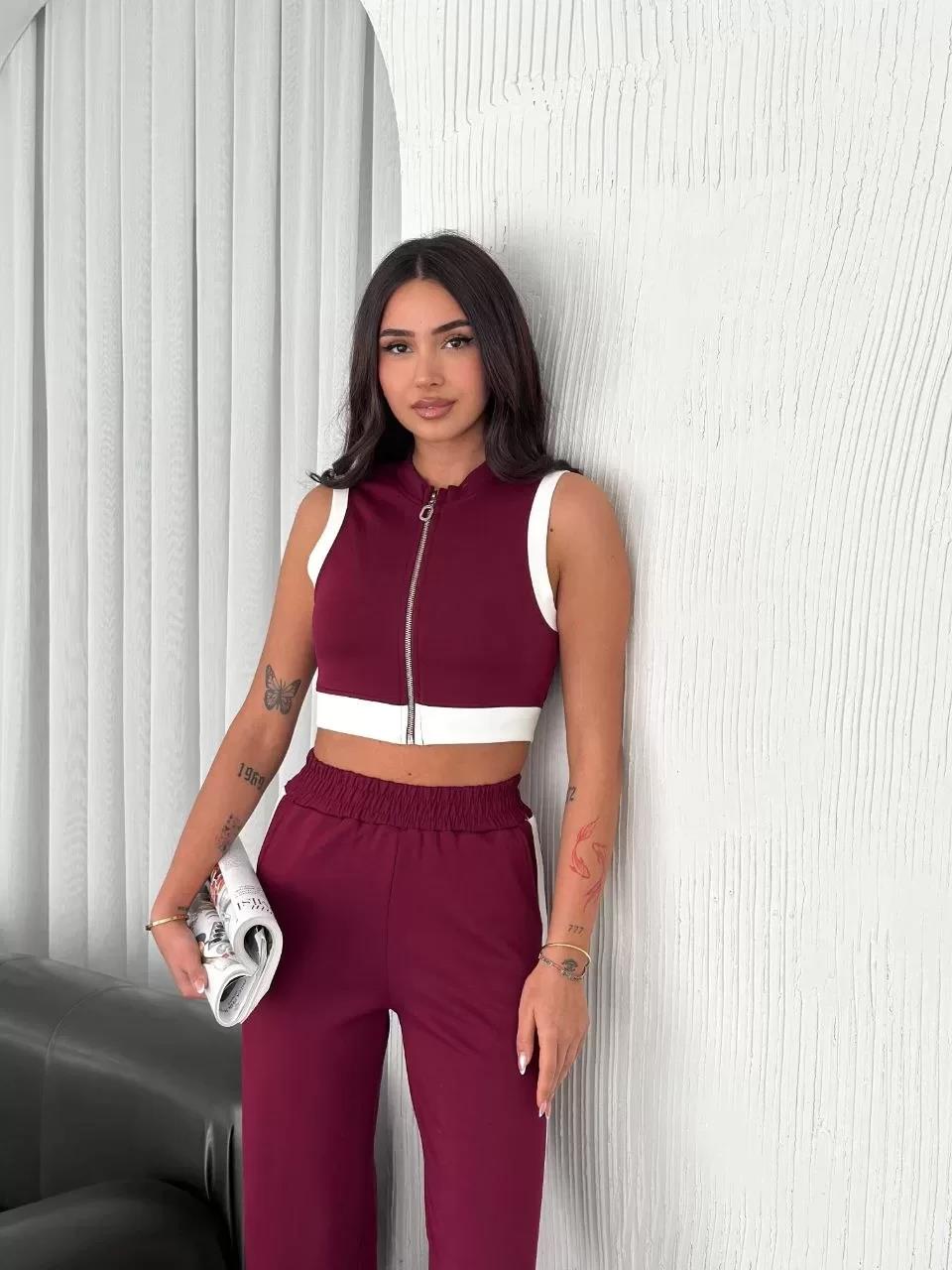 Osy Modal Yumuşak Dokulu Kumaş Tam Fermuarlı Crop Pantalon İkili Takım - Bordo
