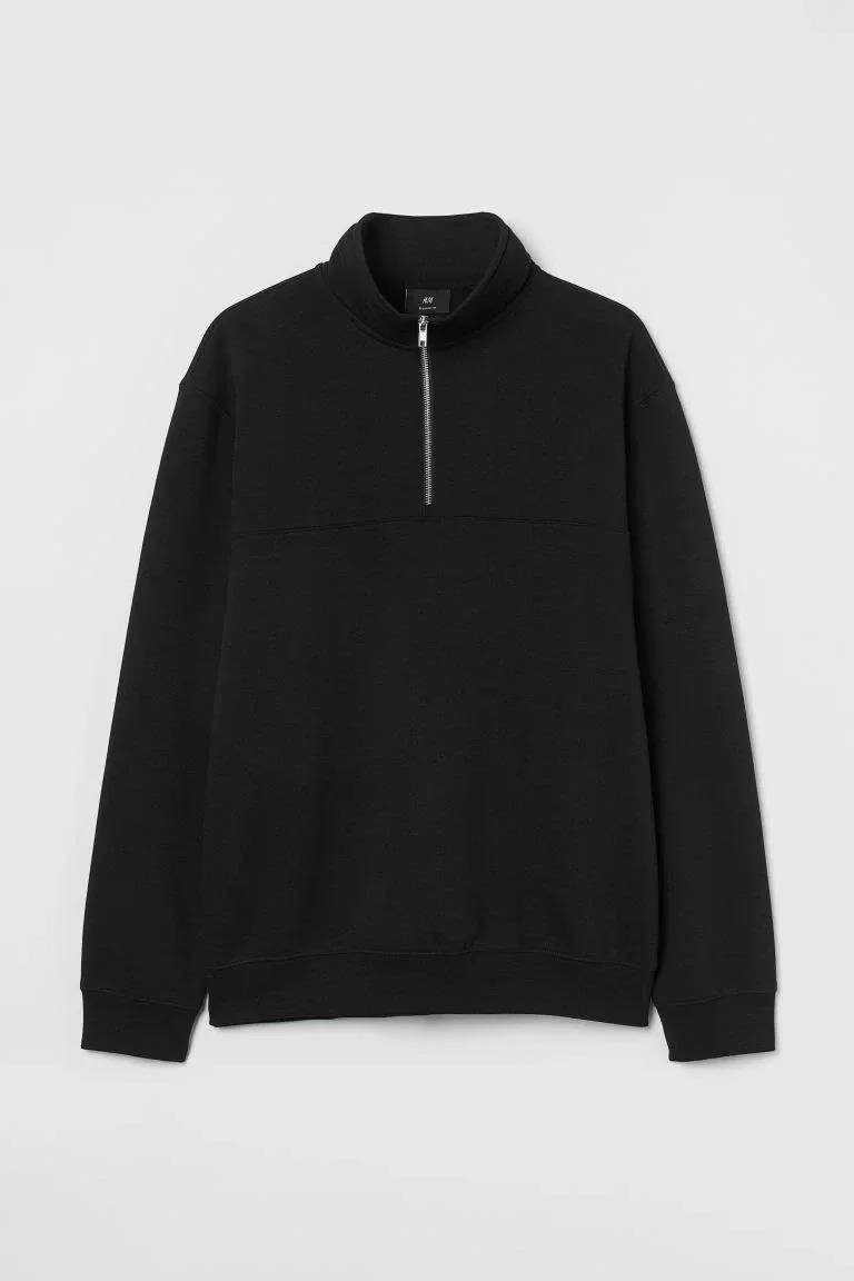 Oversize Yarım Farmuarlı Yakalı Basic SweatShirt - Siyah