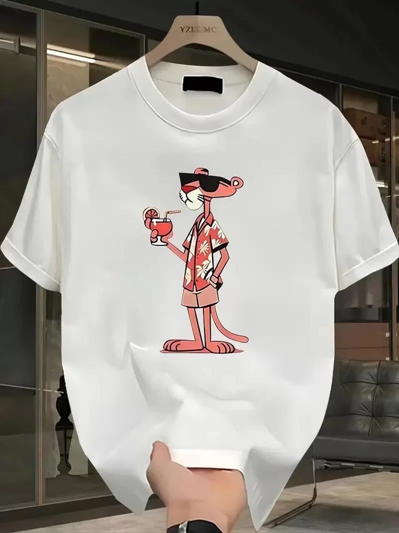 Pembe Panter Baskılı Erkek Oversize Günlük Kısa Kollu Tişört İlkbahar ve Yaz için Mükemmeldir - Beyaz