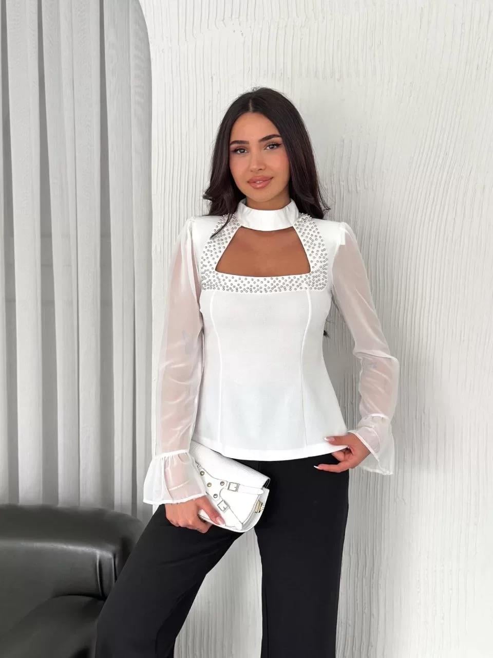 Penye Uzun Kollu Kadın Kolları Şifon Göğüste İnci Boncuk detaylı Bluz - Beyaz