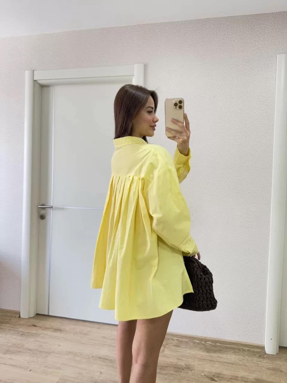 Poplin Kadın Yakalı Yandan Yırtmaçlı Arka Pens Detaylı Gömlek - Sarı