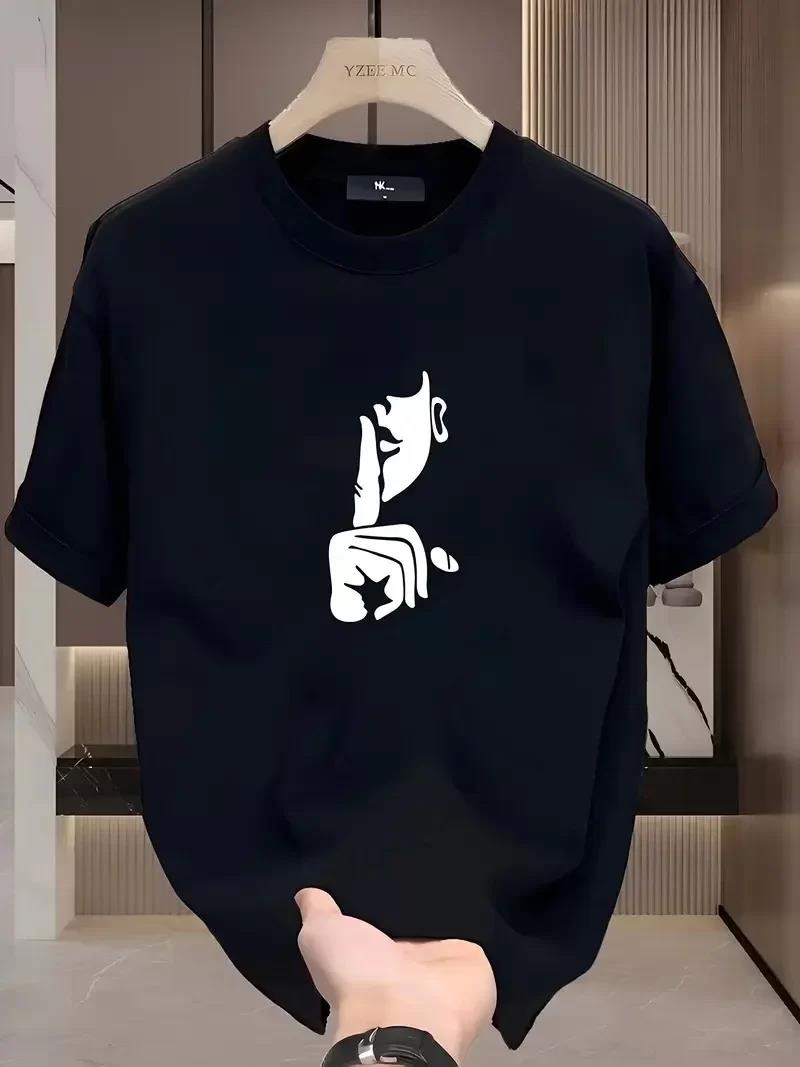 Rahat Bisiklet Yaka Tişört, Yaratıcı Karikatür Baskı - Yumuşak Polyester, Her Mevsim Giyilebilir- Siyah