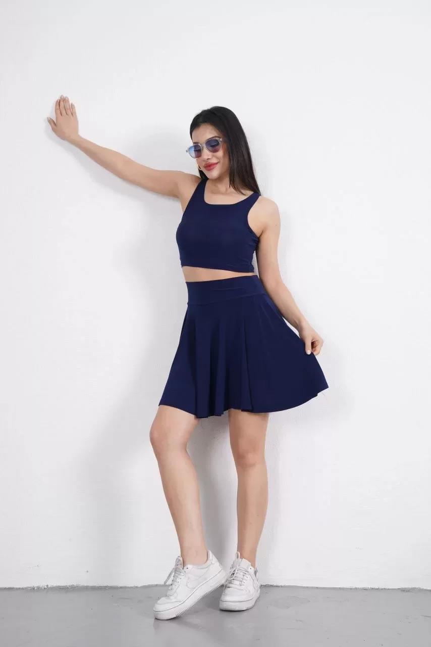 Sendy Kumaş Bisiklet Yaka Crop Şortlu Etek ikili Takım - Lacivert