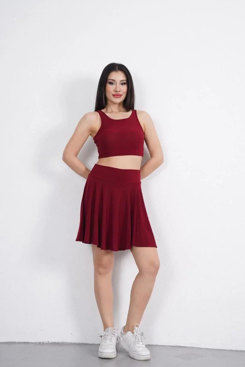 Sendy Kumaş Bisiklet Yaka Crop Şortlu Etek ikili Takım - Bordo