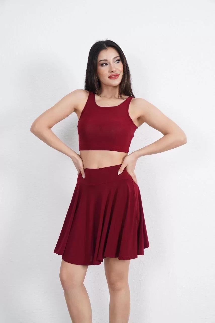 Sendy Kumaş Bisiklet Yaka Crop Şortlu Etek ikili Takım - Bordo